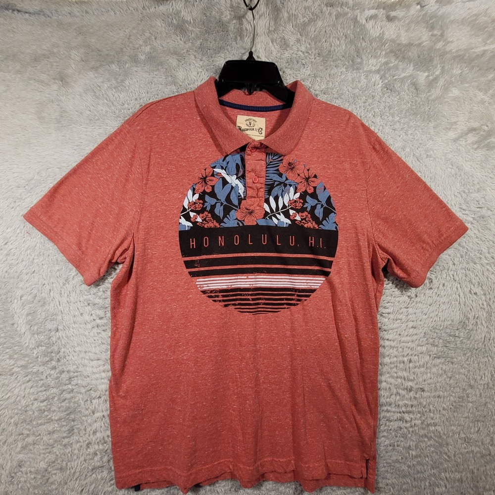 Roebuck & Co Mens XL Red Aloha Floral Print Short Sleeve Polo Shirt‎